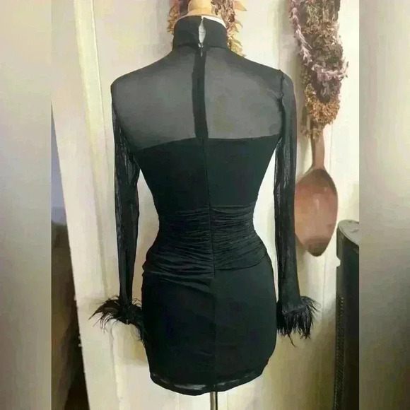 Amanda Uprichard Black Mini Dress Ostrich Sheer Wednesday Whimsigoth Goth Witchy - Picture 2 of 3